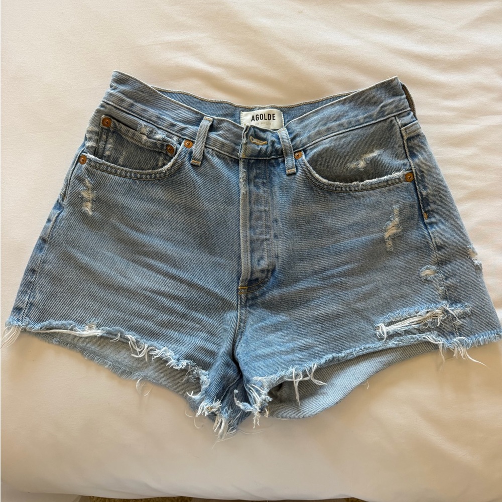 Agolde Light Blue Distressed High-Rise Denim Shorts